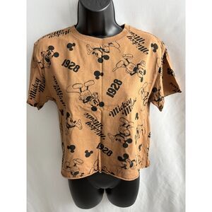 Disney Mickey Mouse Cropped T-Shirt Size S Brown Disneyland 100% Cotton Vacation